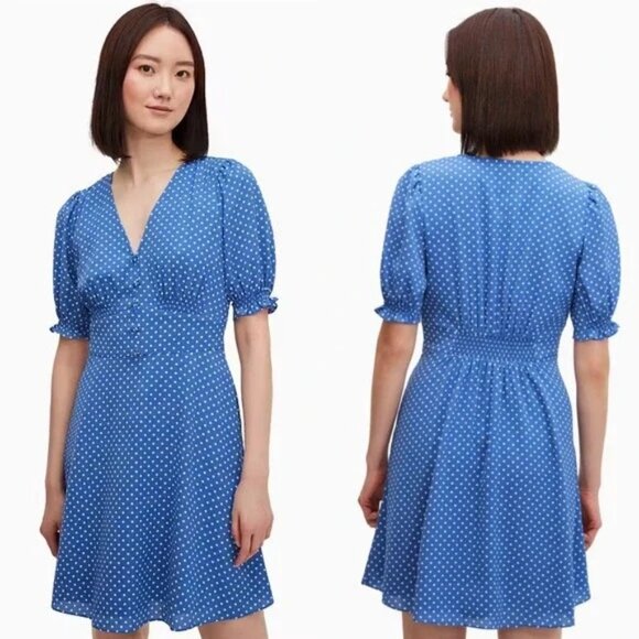Kate Spade Cornflower Blue Crepe Tea Garden Polka Dot Dress Size 2 - Picture 1 of 12